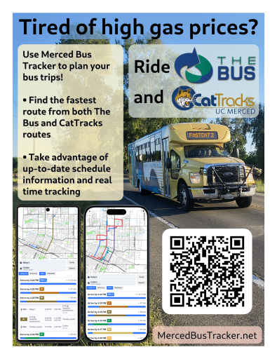 Merced Bus Tracker promotional graphic showing mobile route planning, a bus, route maps, and a QR code